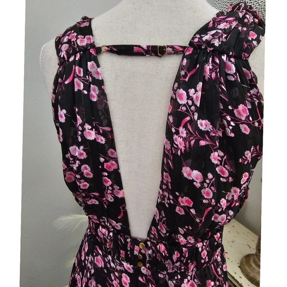 EUC Sabina Musayev Black Pink Metallic Floral Open Back Plunge V-Neck Maxi Dress - Picture 5 of 15